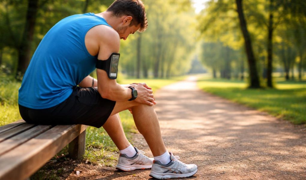 coureur-assis-banc-genou-parc
