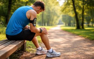 coureur-assis-banc-genou-parc