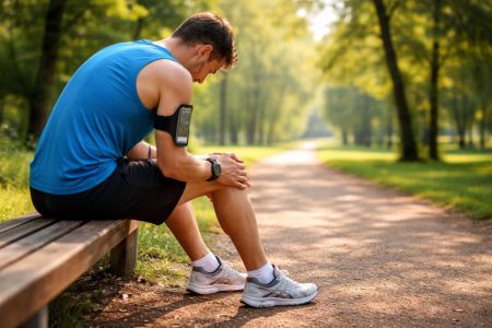 coureur-assis-banc-genou-parc