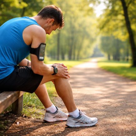 coureur-assis-banc-genou-parc