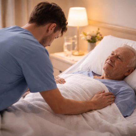 soignant-patient-lit-draps-blancs