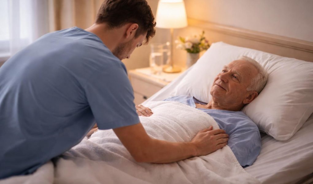 soignant-patient-lit-draps-blancs