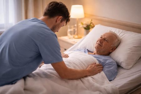 soignant-patient-lit-draps-blancs