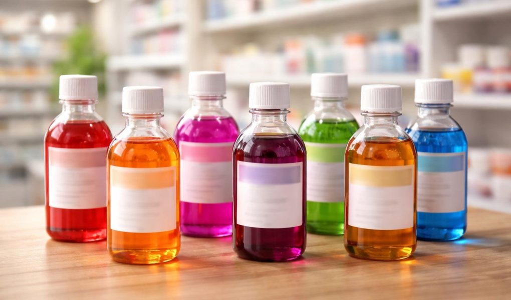 flacons-sirop-colores-table-pharmacie