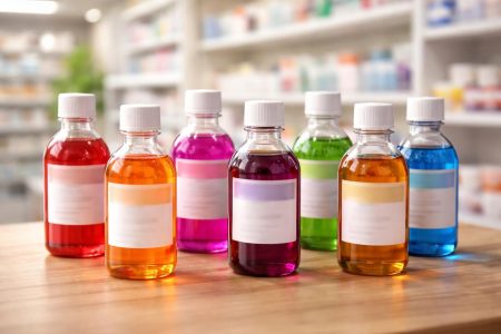 flacons-sirop-colores-table-pharmacie