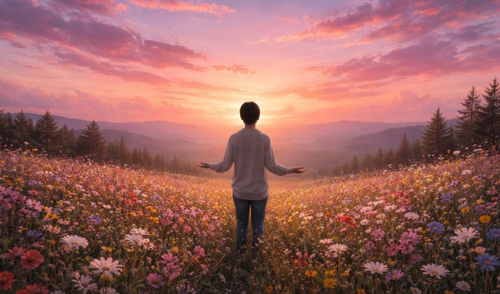 personne-champ-fleurs-coucher-soleil