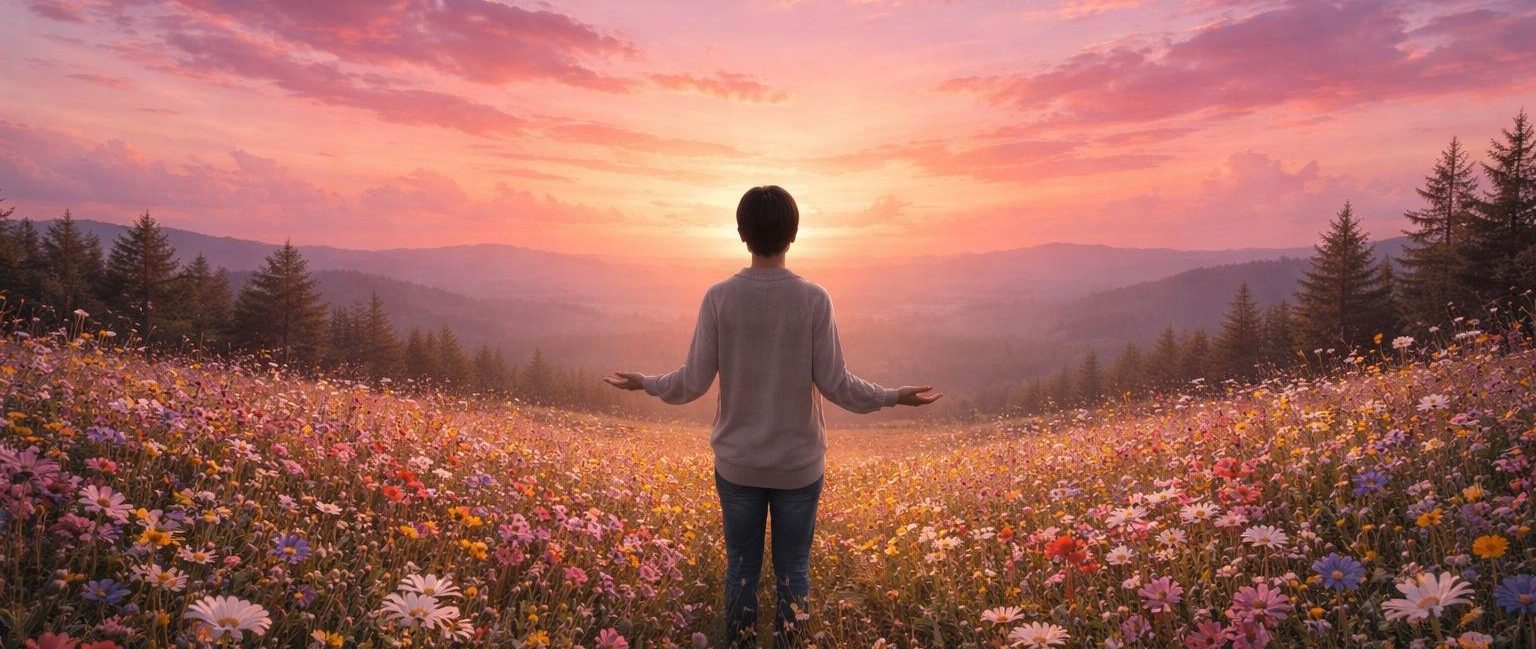 personne-champ-fleurs-coucher-soleil