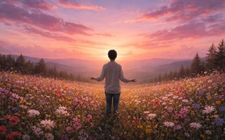 personne-champ-fleurs-coucher-soleil