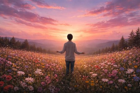 personne-champ-fleurs-coucher-soleil